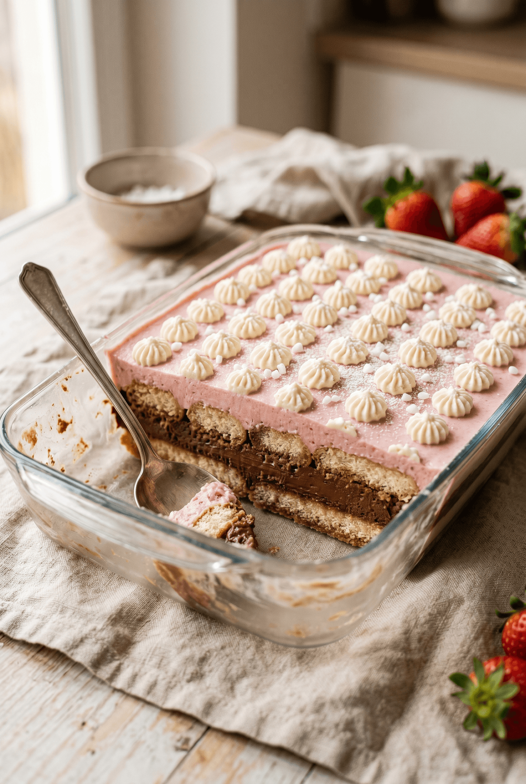 Veganes geschichtetes Tiramisu in einer klaren Glasauflaufform: getunkte Löffelbiskuits, dunkle Schokocreme und rosa Erdbeercreme obenauf mit aufgespritzten Cremetupfen und Perlenstreuseln, ein Löffel hat eine Portion entnommen, daneben frische Erdbeeren auf einem Leinentuch.